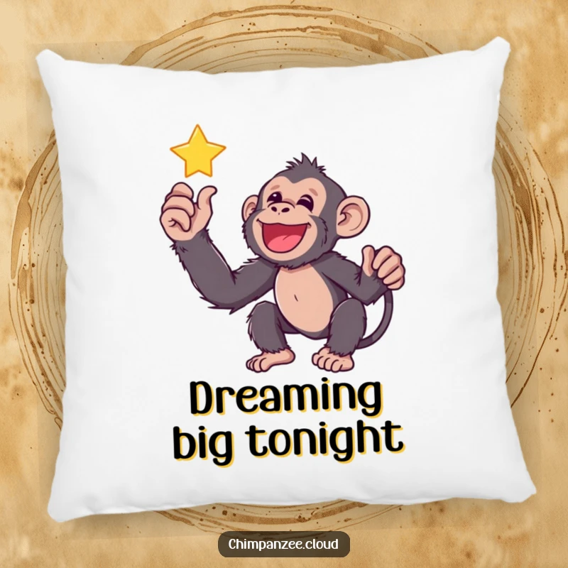 Funny chimp reaching for a star, depicted on a soft pillow, offering comfort and inspiring dreams.