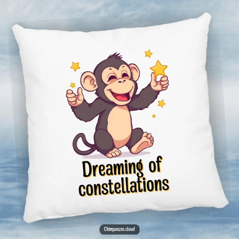 Funny chimpanzee juggling stars, depicted on a soft pillow, offering a touch of cosmic charm and humorous comfort.