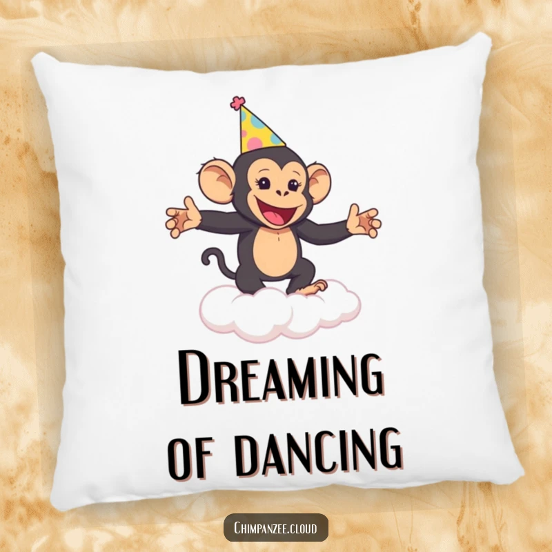 Funny Chimp Party Pillow: A cheerful chimpanzee in a party hat dances on a cloud, a soft and humorous accent.