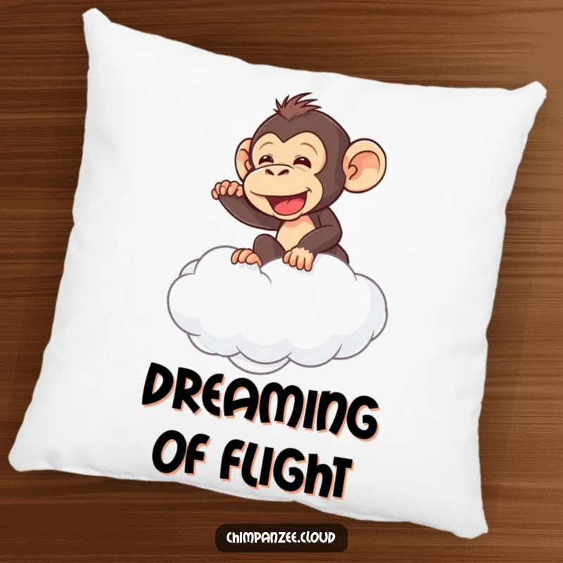 Funny chimpanzee attempting to ride a fluffy cloud, soft pillow illustration, adding humor to décor.
