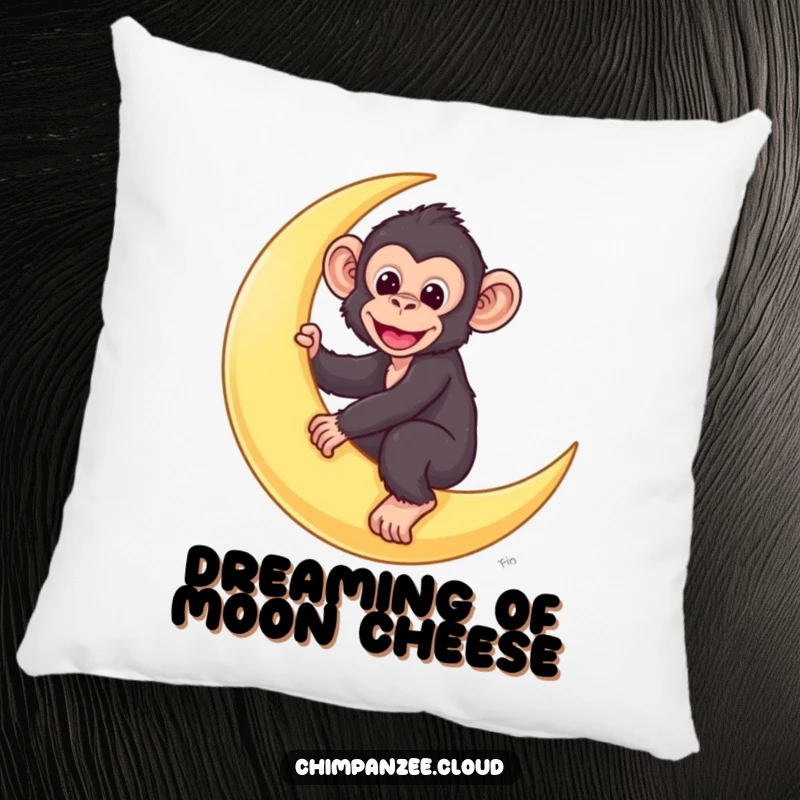 Funny chimp pillow showcasing a cute chimpanzee character happily riding a crescent moon through the night.