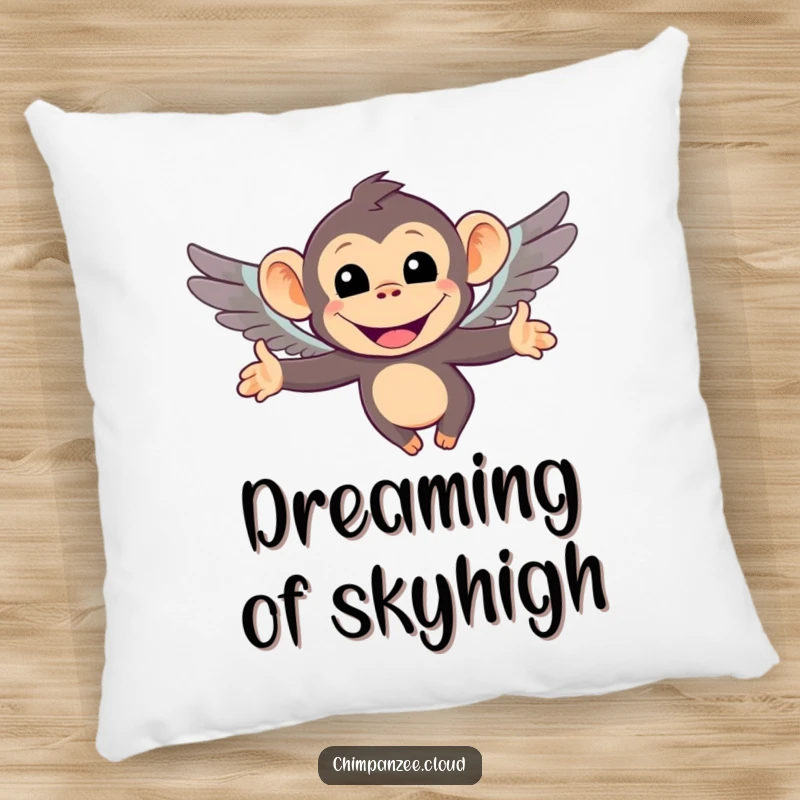 Funny pillow featuring a smiling chimpanzee character attempting to fly with tiny, cute wings. A plush and humorous addition to any seating area.