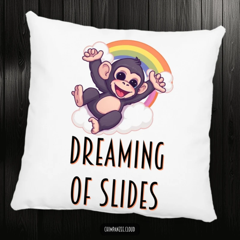 Funny chimp sliding down a cloud rainbow, depicted on a soft, comfortable pillow for a touch of playful decor.