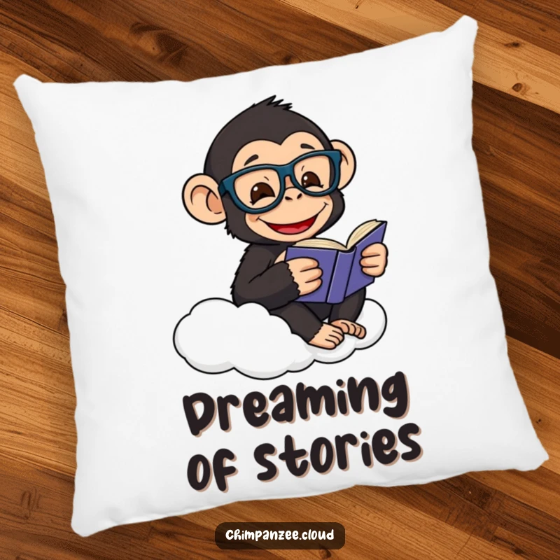 Funny pillow featuring a happy chimpanzee wearing glasses, reading a book while comfortably resting on a cloud.