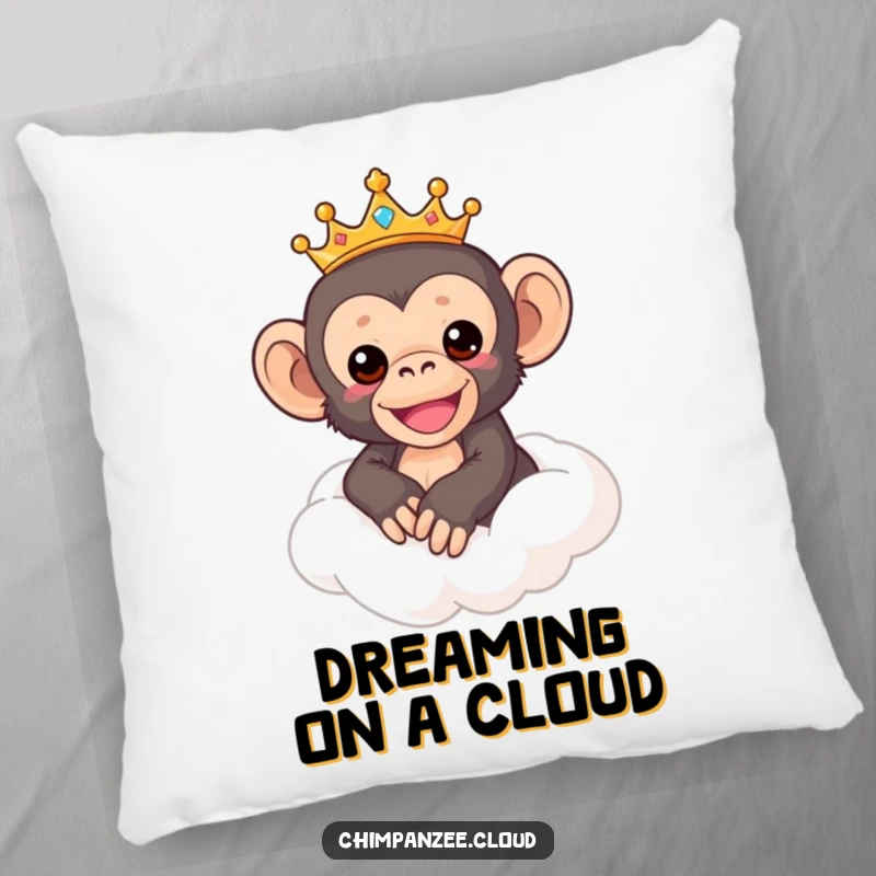 Funny Chimp Pillow: Soft pillow featuring a crowned chimpanzee riding a fluffy cloud, promoting comfort and laughter, a funny gift.