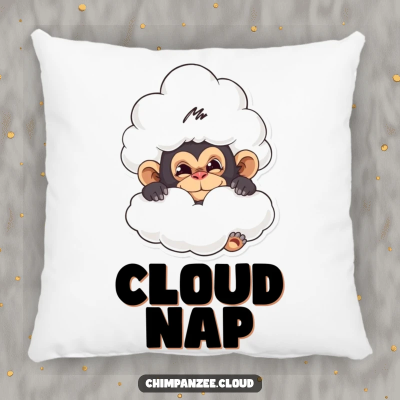 Funny decorative pillow with a mischievous chimpanzee hiding behind a fluffy cloud, a soft and whimsical accent.