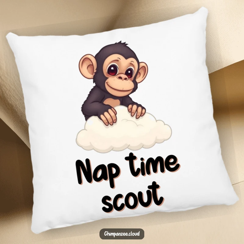 Funny chimp peeking over a cloud, depicted on a soft pillow, offering comfort and a hint of curiosity.