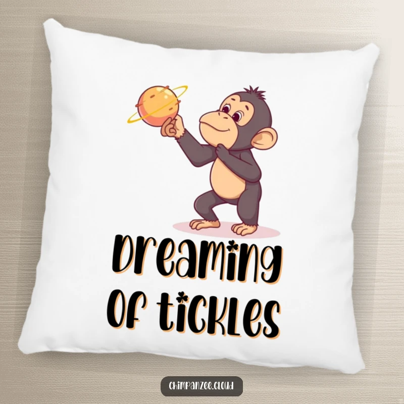 Funny chimpanzee pillow, tickling a comet, soft cosmic humor, decorative and comfortable space accent.