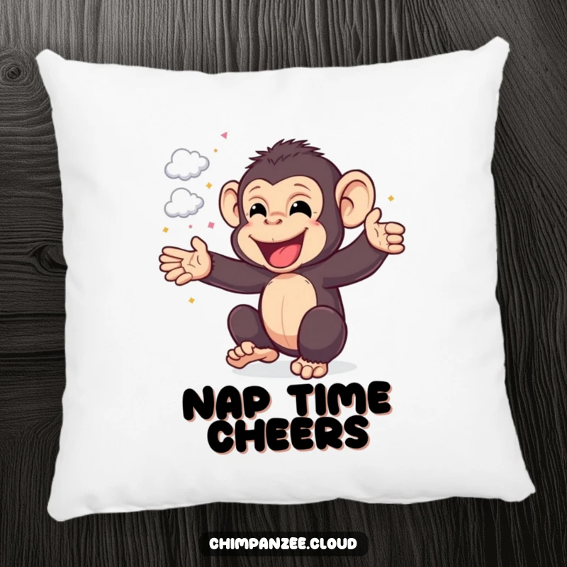 Funny Chimp Pillow: Cozy pillow featuring a happy chimpanzee cheering with cloud confetti, offering comfort and humor, a funny gift.