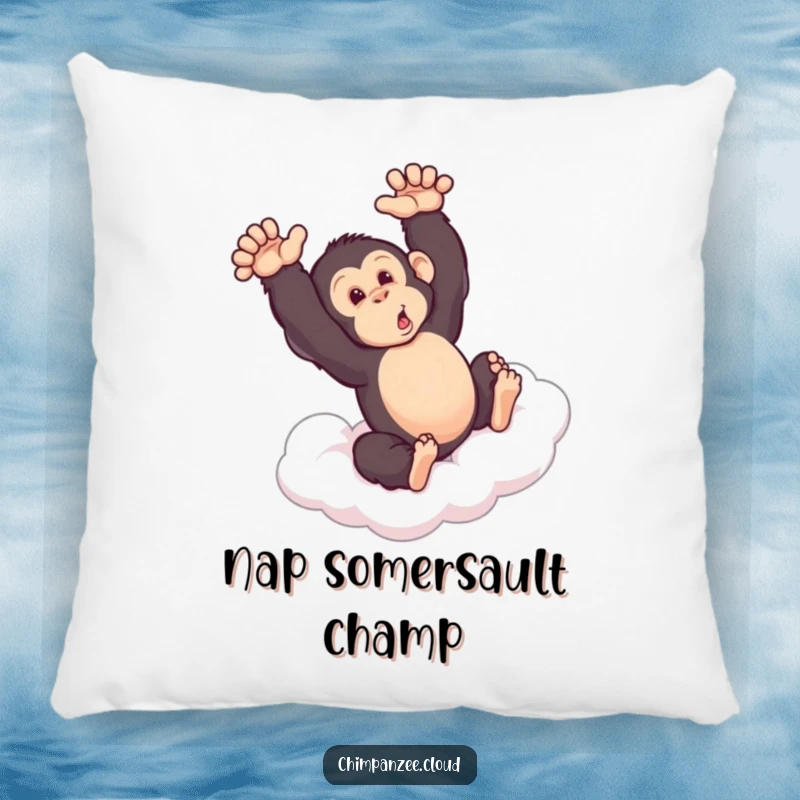 Funny chimpanzee mid-somersault on a cloud, designed on a soft pillow, adding a touch of playful humor to decor.