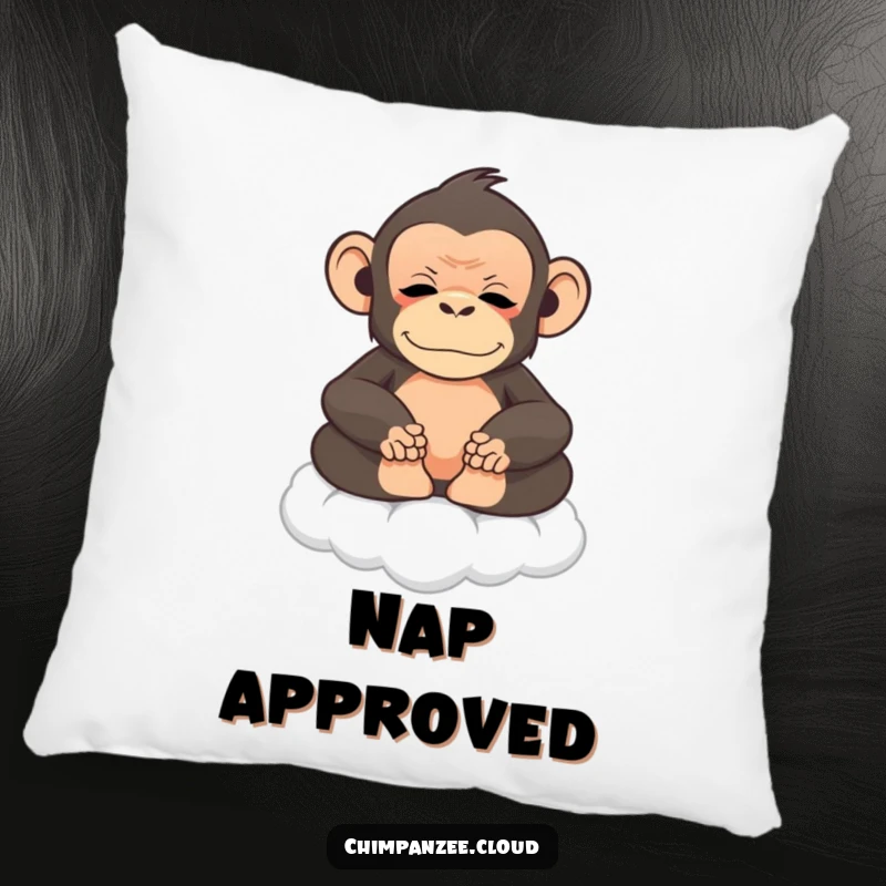 Funny chimpanzee meditating on a cloud, plush pillow for comfort and humor.