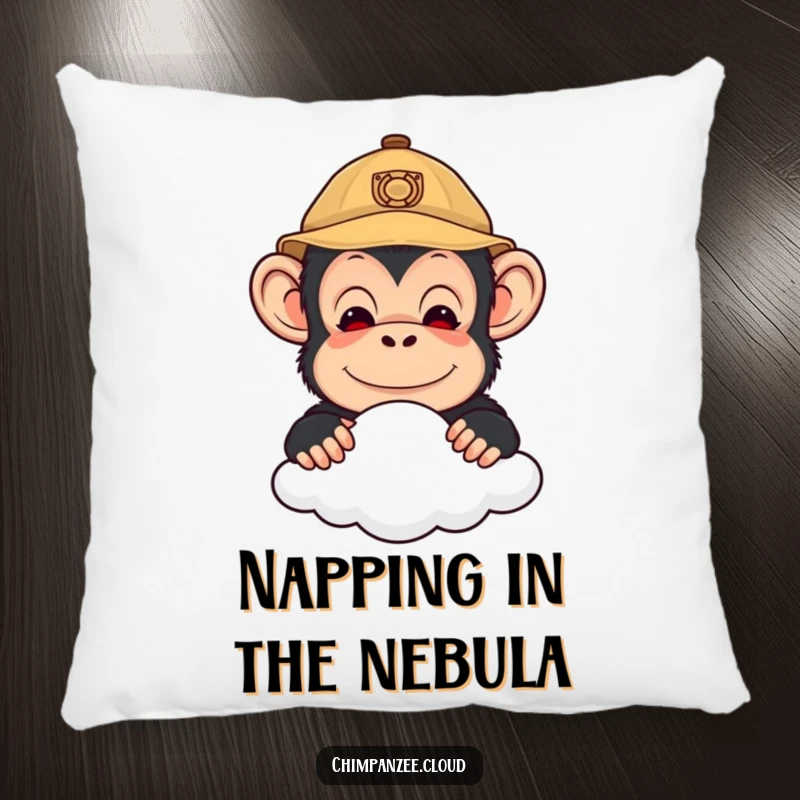 Funny pillow featuring a cute chimpanzee explorer peeking over a cloud, offering comfort and a dash of humorous adventure.