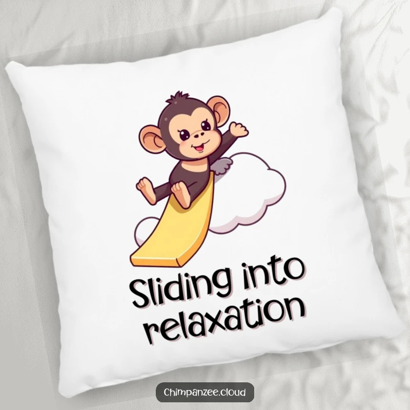 Funny playful chimpanzee pillow sliding down a cloud like a slide, a soft and humorous decor item for adding a touch of fun.