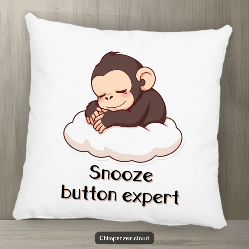 Funny sleeping chimp pillow with a peaceful chimpanzee curled up on a cloud, perfect funny gift for naps.