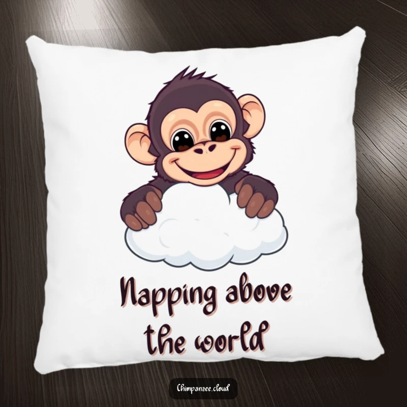 Funny chimpanzee pillow, cheeky character peeking over a cloud with a wide, humorous grin, a soft and cozy accent.
