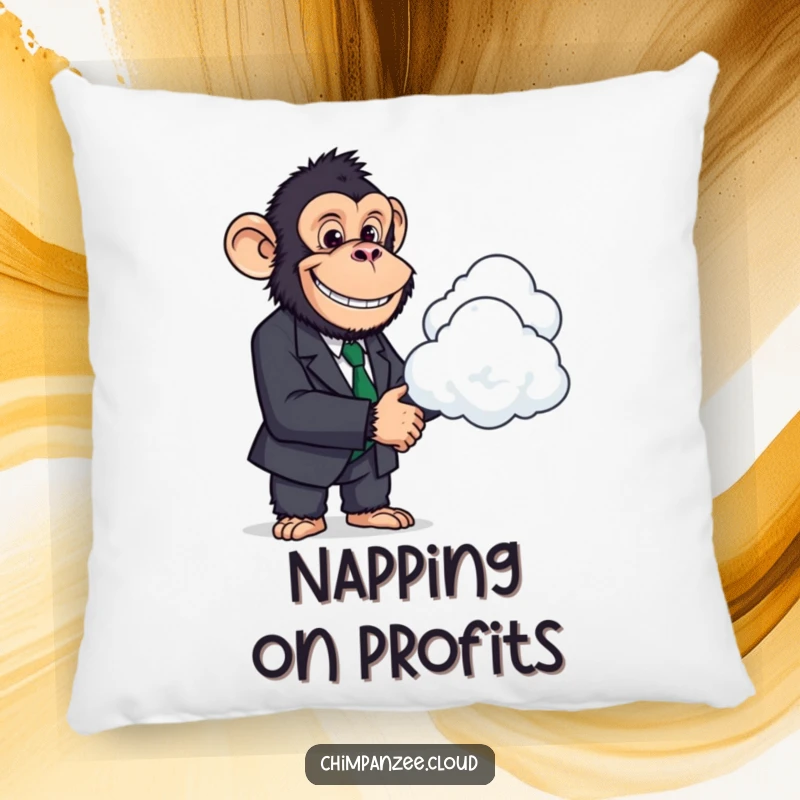 Funny Chimp Business Pillow: A chimpanzee in a suit shakes hands with a cloud, a soft and humorous decorative item.