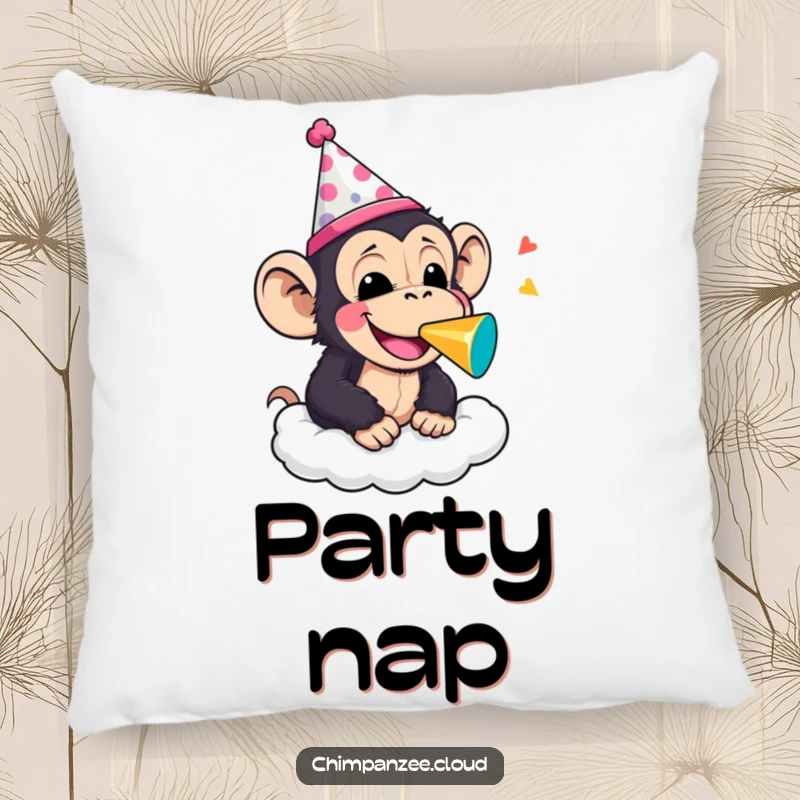 Funny chimpanzee wearing a party hat and blowing a noisemaker on a cloud, making this pillow a soft, humorous, and celebratory item.