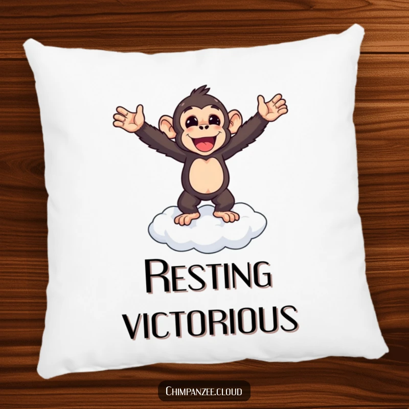 Funny chimpanzee standing triumphantly on a cloud, arms outstretched, plush pillow for comfort and pride.