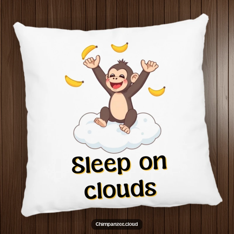 Funny chimpanzee juggling bananas on a fluffy cloud, a soft pillow, great funny gift for animal lovers.