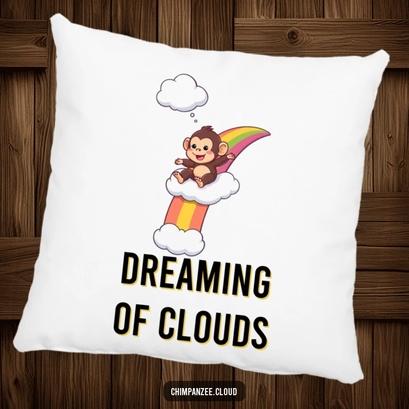 Funny Pillow: Playful chimpanzee slides down a rainbow to a cloud, creating a cozy and whimsical accent.