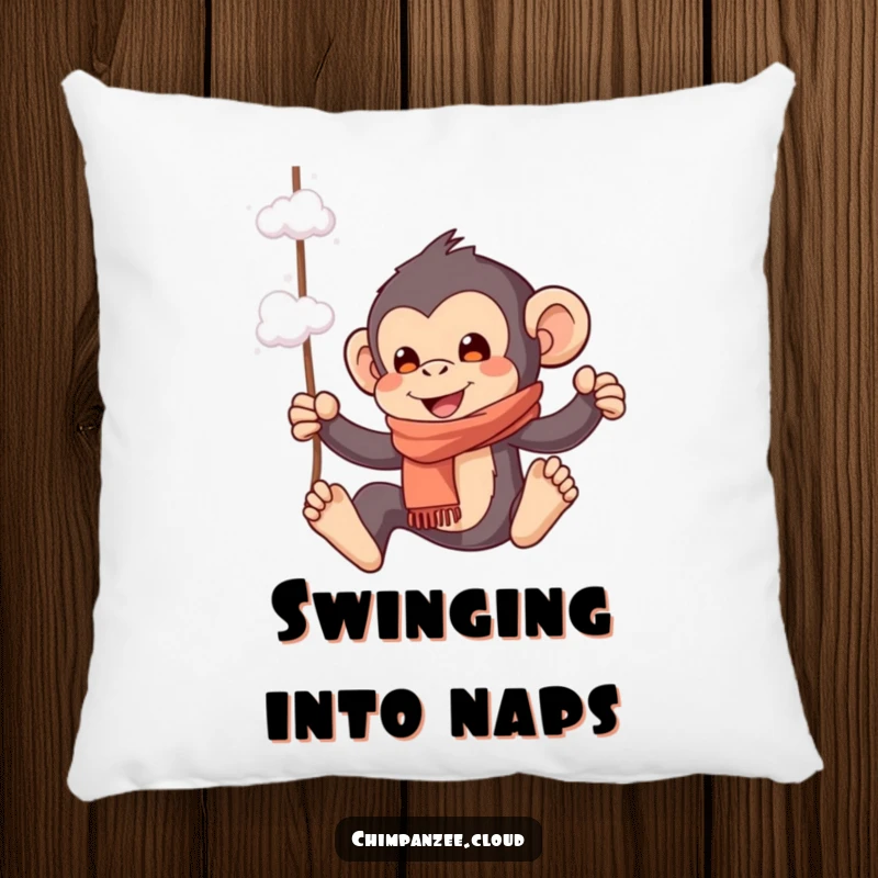 Funny pillow featuring a playful chimpanzee in a scarf, swinging from cloud wisps, offering comfort and a whimsical touch.