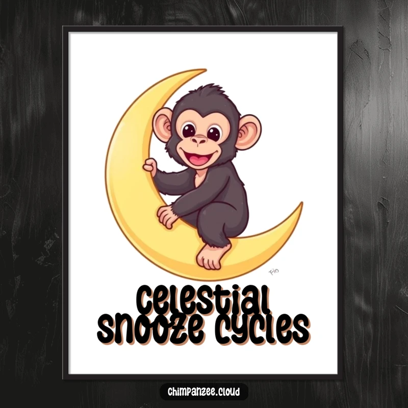 Funny chimp digital art print of a cute chimpanzee character riding a crescent moon in a starry sky.