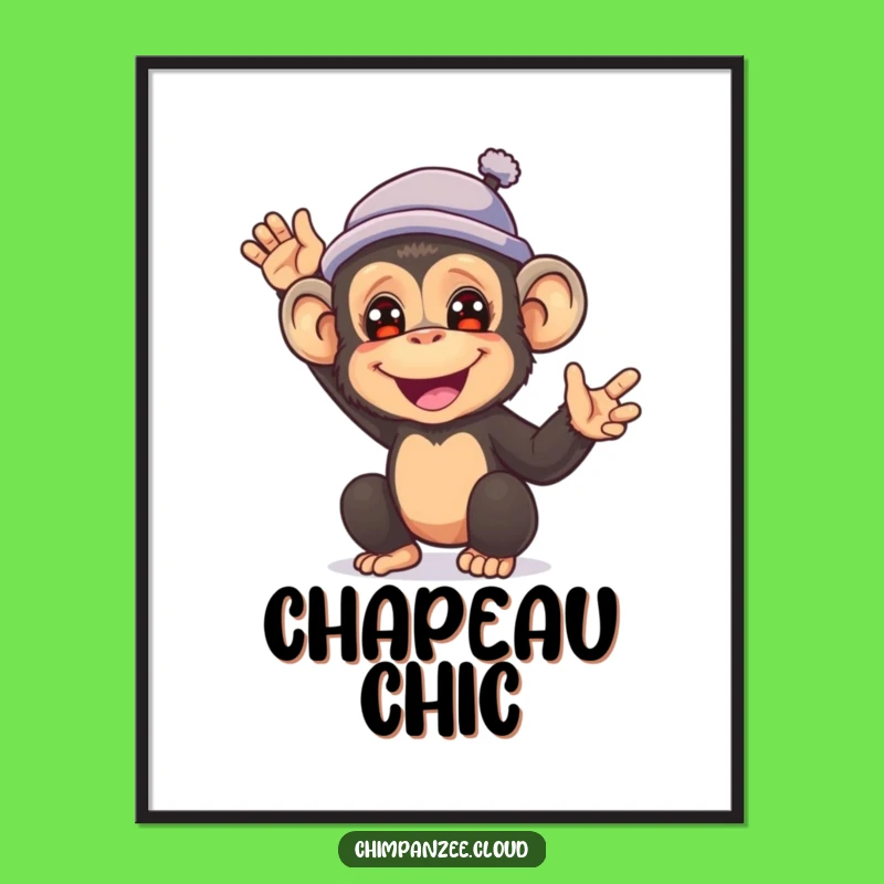 Funny Chimp Hat Waving Digital Art Print - Instant Hilarious Wall Decor Gift