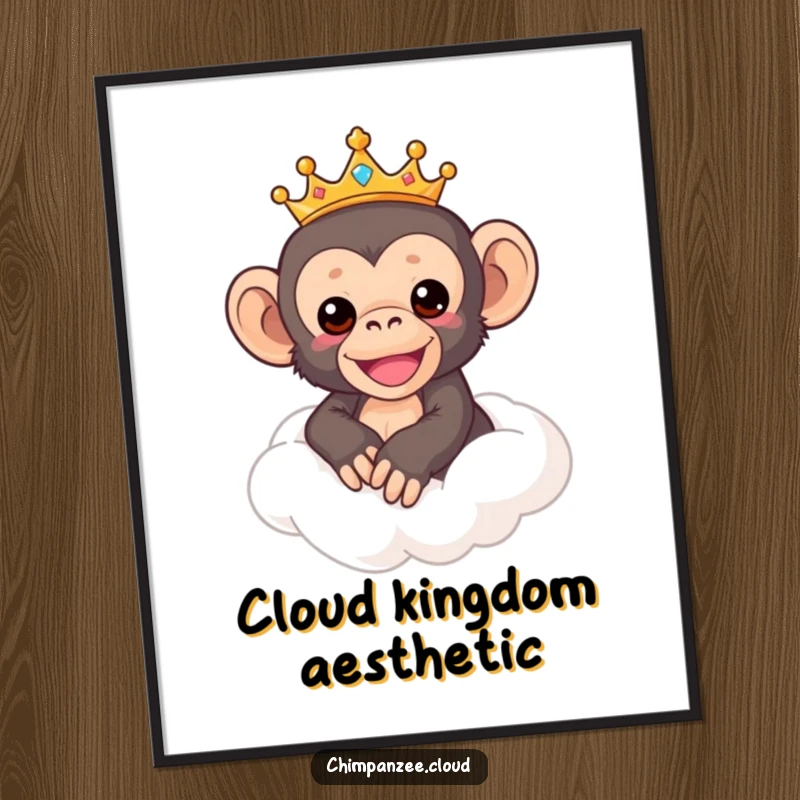 Funny Chimp Digital Art: Artistic rendering of a crowned chimpanzee riding a fluffy cloud, vibrant and humorous, perfect funny gift.