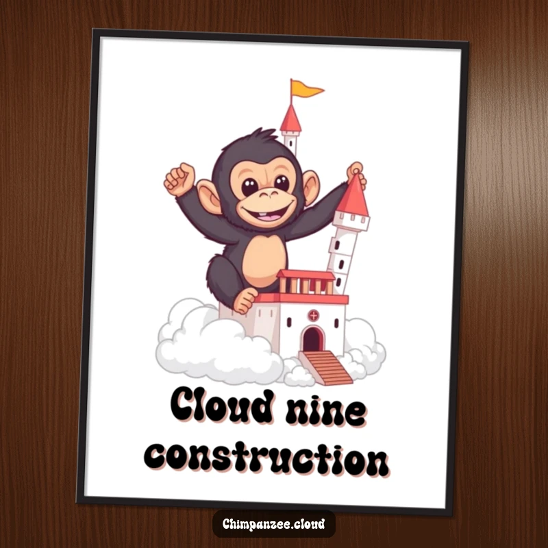 Funny digital art print of a mischievous chimpanzee constructing a castle out of soft, fluffy clouds.