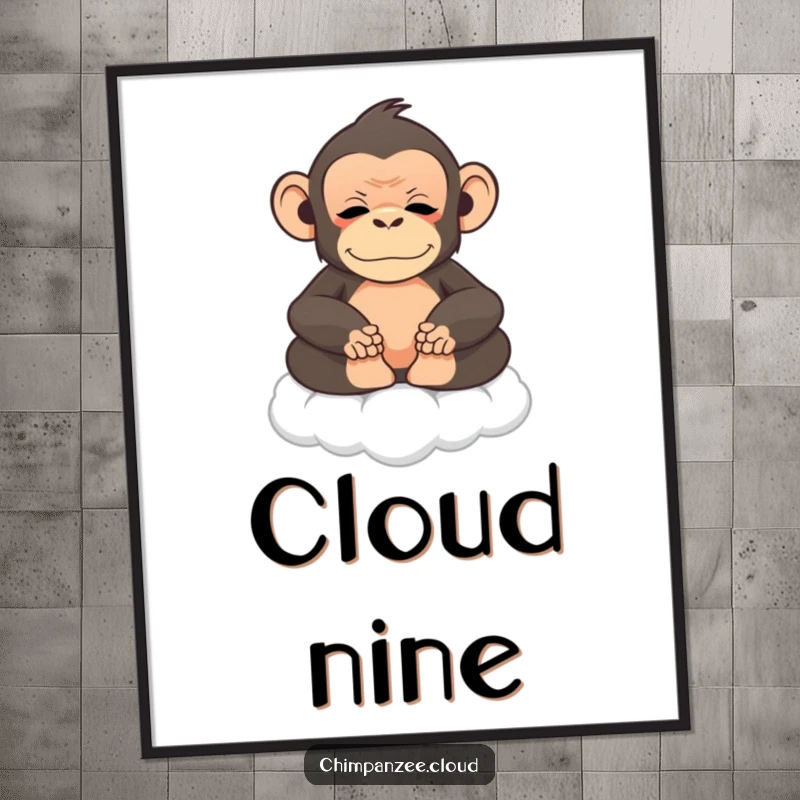 Funny chimpanzee meditating on a cloud, serene digital art print, promoting peace and humor.