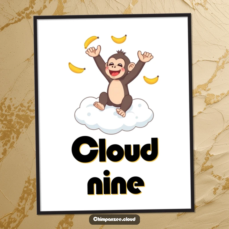 Funny chimpanzee juggling bananas on a fluffy cloud, a high-resolution digital art print, perfect funny gift.