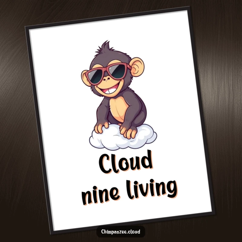 Funny chimp in sunglasses, balancing on a cloud, available as a high-resolution digital art print for immediate enjoyment.