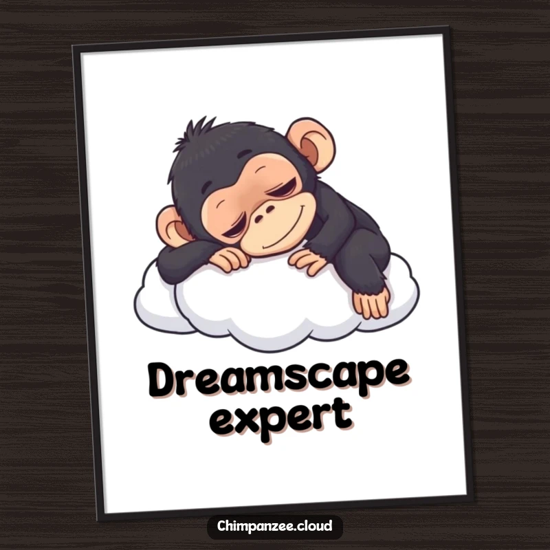 Funny chimpanzee napping on a cloud, a humorous digital art print for instant wall decor and laughter.