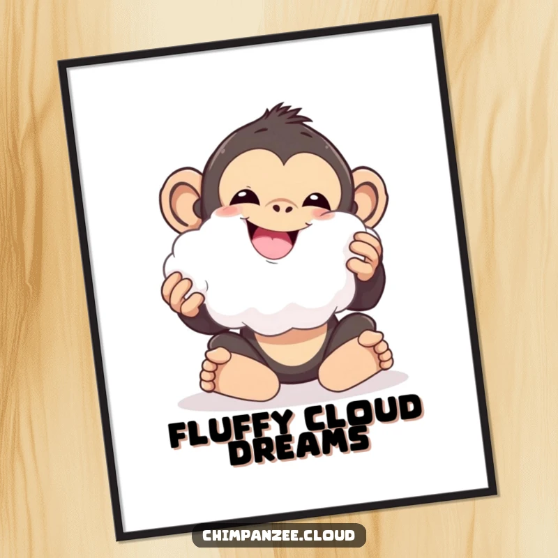 Funny chimpanzee playing with a cloud fluff ball, delighted expression, whimsical digital art print.