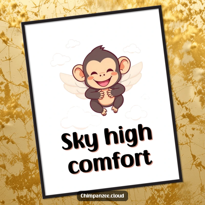 Funny chimpanzee with wings, smiling, soaring between clouds, heavenly digital art print.
