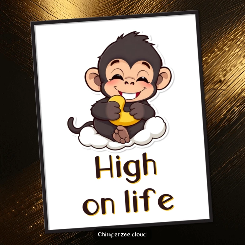 Funny chimp digital art print of a grinning chimpanzee holding a banana, relaxed on a cloud, perfect funny gift.