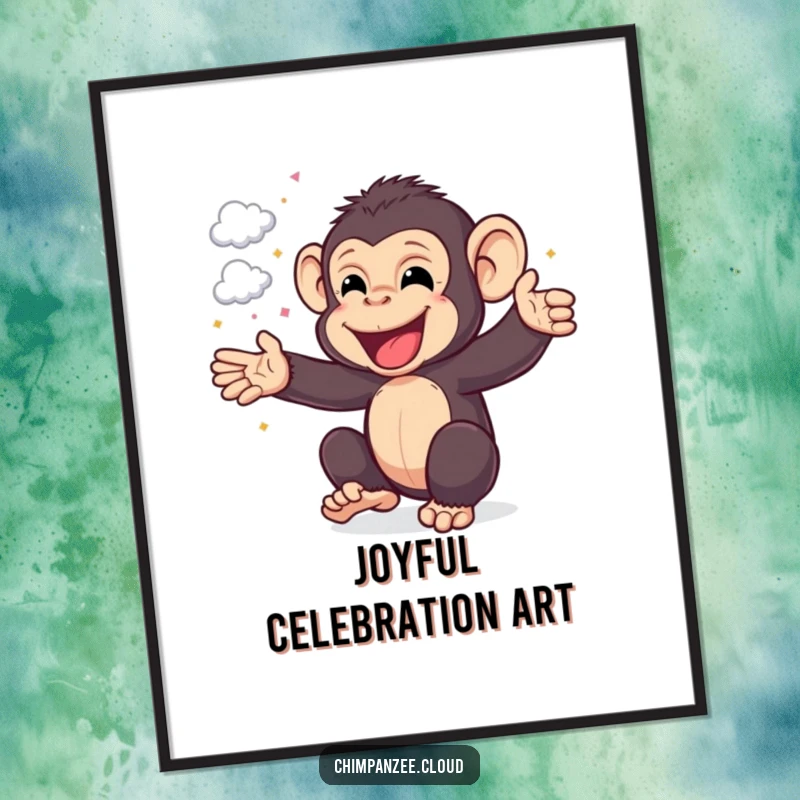 Funny Chimp Digital Art: Vibrant print of a happy chimpanzee cheering with cloud confetti, radiating pure joy, a funny gift.
