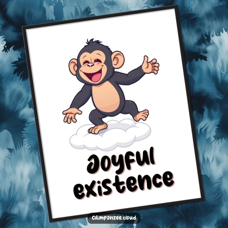 Funny Digital Art Print: A jubilant chimpanzee dancing ecstatically on a cloud, perfect for bringing joy to any wall.