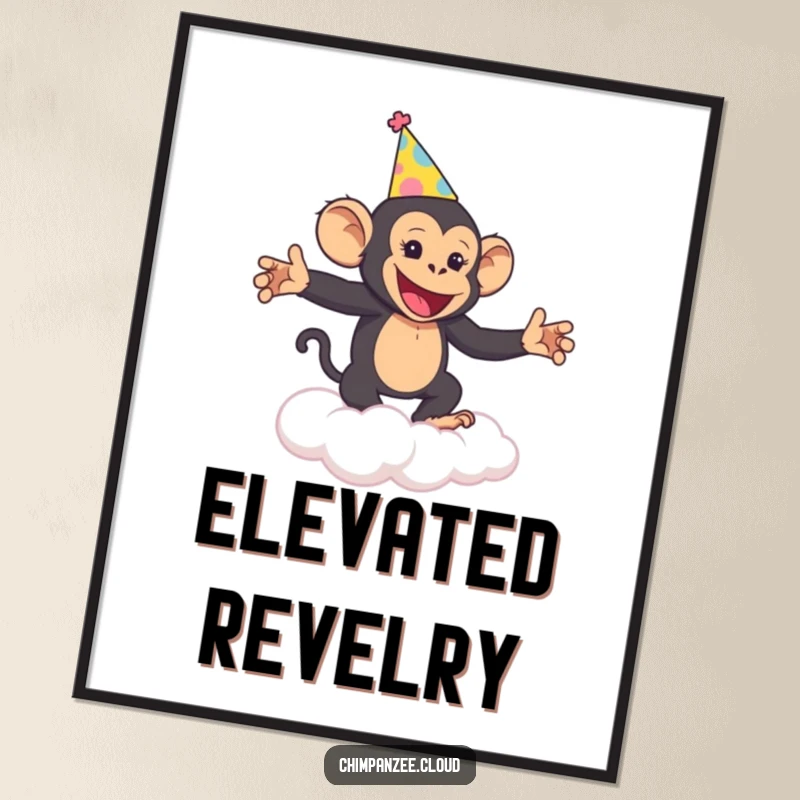 Funny Chimp Party Art Print: A cheerful chimpanzee dances on a cloud, radiating pure, humorous celebration.