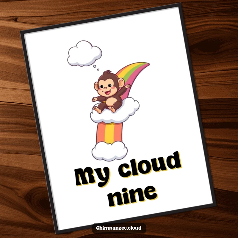 Funny Digital Art Print: Playful chimpanzee slides down a vivid rainbow, landing on a cloud with pure delight.