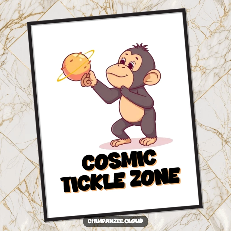 Funny chimpanzee art print, tickling a comet, digital download, humorous space illustration.