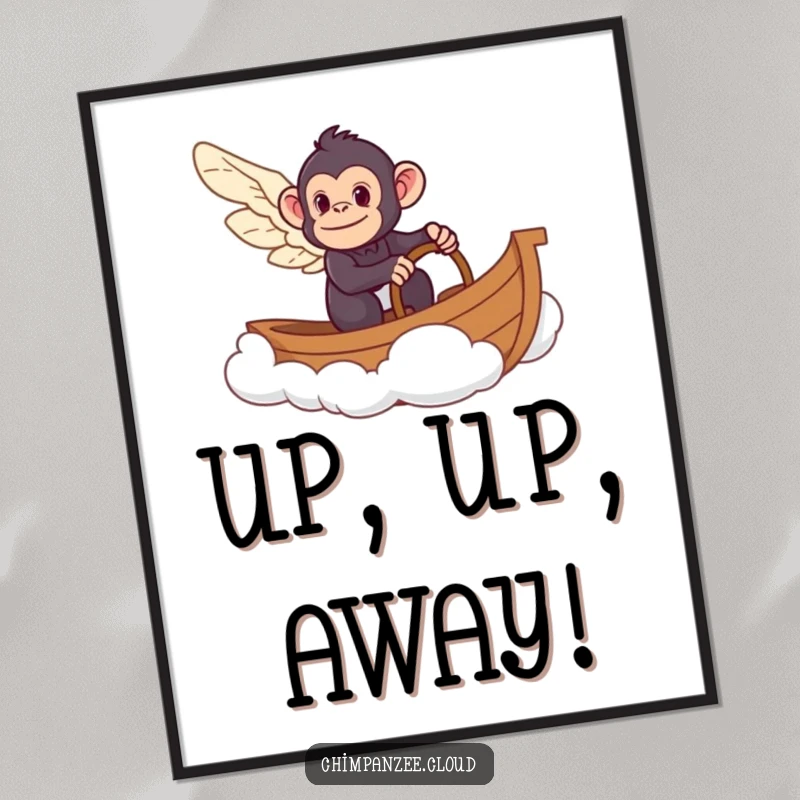 Funny digital artwork of a chimpanzee with wings steering a cloud boat, a whimsical and humorous piece for instant download.