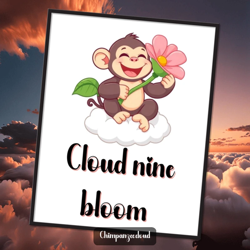 Funny chimpanzee character holding a giant flower on a cloud, available as a digital art print for easy, humorous home decoration.