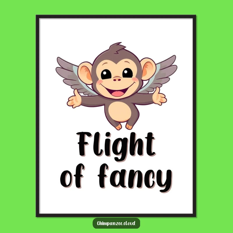 Funny Flying Chimp Digital Art: Chimpanzee With Tiny Wings Print, Perfect Funny Gift!