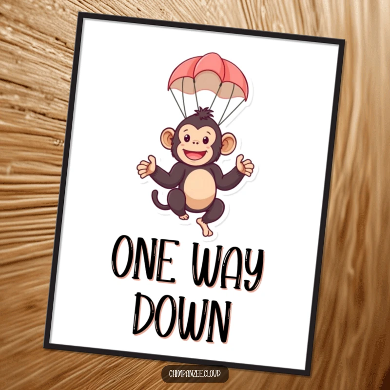 Funny digital art print featuring a playful chimpanzee character floating down gently with a tiny parachute. A humorous and delightful artwork.