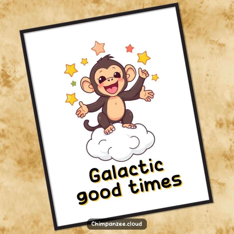 Funny digital art of an adorable chimpanzee juggling colorful stars above a cloud, creating a cosmic scene.