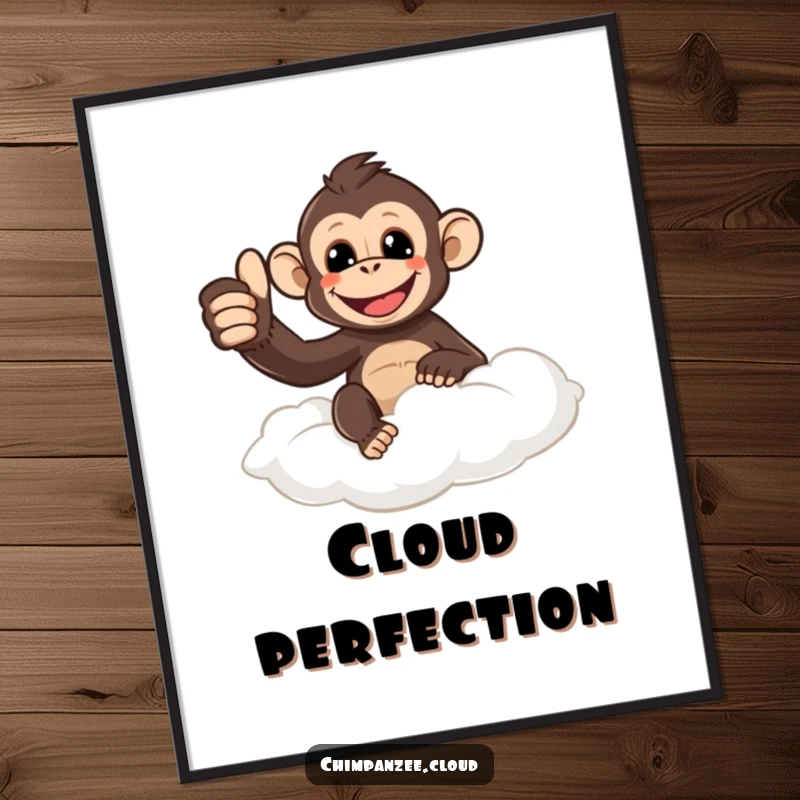 Funny chimpanzee giving a thumbs up from a cloud, available as a digital art print for instant humorous and positive home decor.