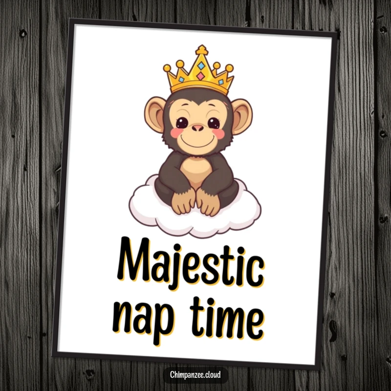Funny digital art of a cute chimpanzee wearing a tiny crown, sitting regally on a fluffy cloud throne.