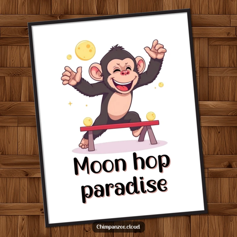Funny chimpanzee art print, playing leapfrog with moons, digital download, whimsical space illustration.
