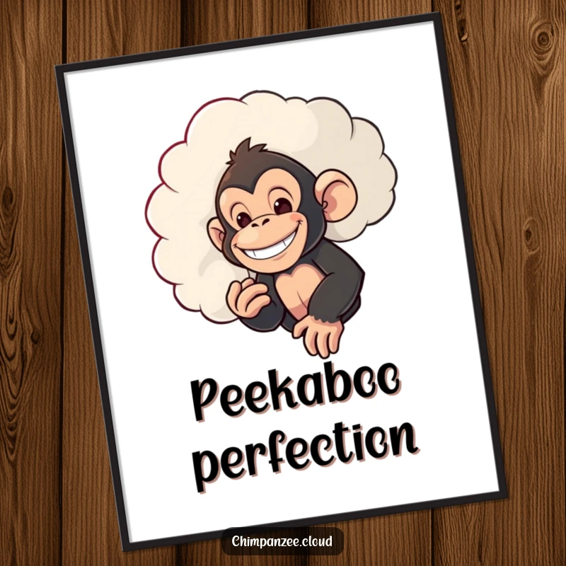 Funny digital artwork of a mischievous chimpanzee with a grin, peeking from behind a cloud, perfect for adding playful and cheeky decor.